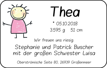 Babyanzeige von Thea Buscher von Nordwest-Zeitung