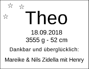 Babyanzeige von Theo Zidella von Nordwest-Zeitung