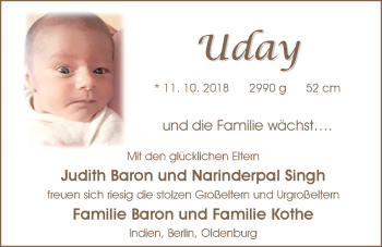 Babyanzeige von Uday Baron von Nordwest-Zeitung