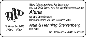 Babyanzeige von Alena Sterrenberg von Nordwest-Zeitung