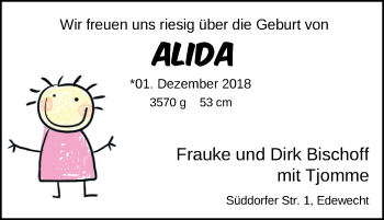 Babyanzeige von Alida Bischoff von Nordwest-Zeitung