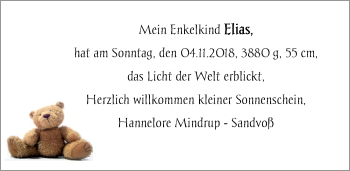 Babyanzeige von Elias Sandvoß von Nordwest-Zeitung
