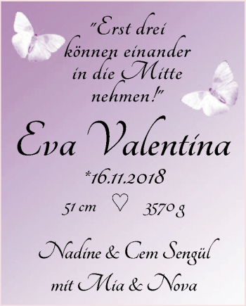 Babyanzeige von Eva Valentina Sengül von Nordwest-Zeitung