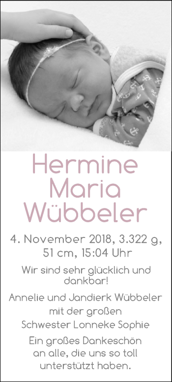 Babyanzeige von Hermine Maria Wübbeler von Nordwest-Zeitung