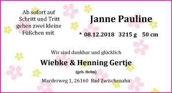 Babyanzeige von Janne Pauline Gertje von Nordwest-Zeitung