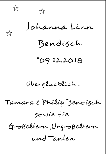 Babyanzeige von Johanna Linn Bendisch von Nordwest-Zeitung