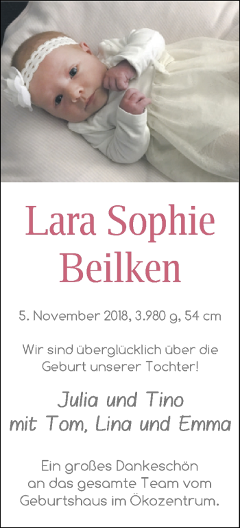 Babyanzeige von Lara Sophie Beilken von Nordwest-Zeitung