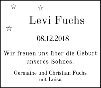 Babyanzeige von Levi Fuchs von Nordwest-Zeitung