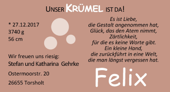 Babyanzeige von Felix Gehrke von Nordwest-Zeitung