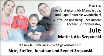 Babyanzeige von Jule Marie Jutta Szepanski von Nordwest-Zeitung