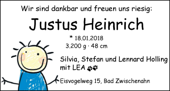 Babyanzeige von Justus Heinrich  von Nordwest-Zeitung
