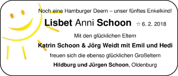 Babyanzeige von Lisbet Anni Schoon von Nordwest-Zeitung