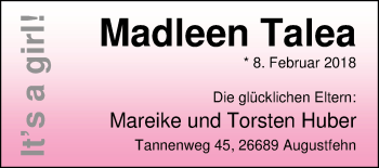 Babyanzeige von Madleen Talea Huber von Nordwest-Zeitung
