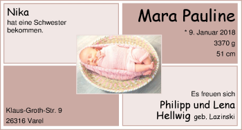 Babyanzeige von Mara Pauline Hellwig von Nordwest-Zeitung