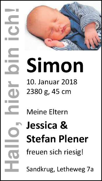 Babyanzeige von Simon Plener von Nordwest-Zeitung