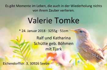 Babyanzeige von Valerie Tomke Schütte von Nordwest-Zeitung