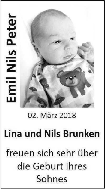 Babyanzeige von Emil Nils Peter Brunken von Nordwest-Zeitung
