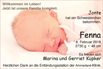 Babyanzeige von Fenna Küpker von Nordwest-Zeitung