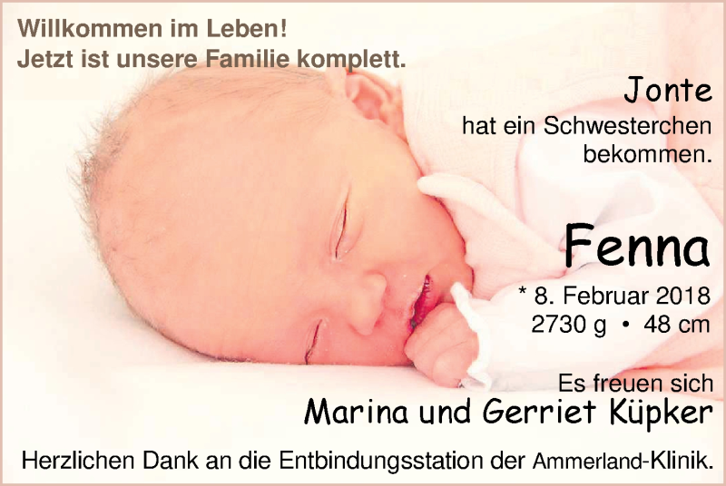 Anzeige für Fenna Küpker vom 07.03.2018 aus Nordwest-Zeitung