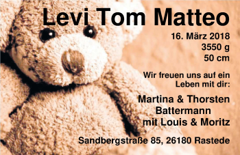 Babyanzeige von Levi Tom Matteo  von Nordwest-Zeitung
