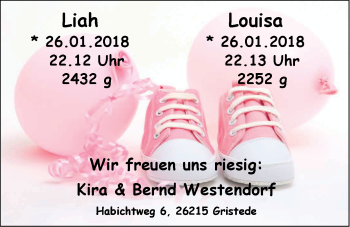 Babyanzeige von Liah und Louisa Westendorf von Nordwest-Zeitung