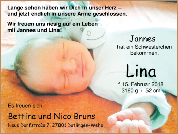 Babyanzeige von Lina Bruns von Nordwest-Zeitung