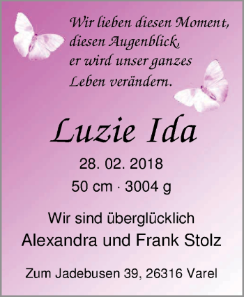 Babyanzeige von Luzie Ida Stolz von Nordwest Zeitung