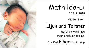 Babyanzeige von Mathilda Li Plöger von Nordwest-Zeitung