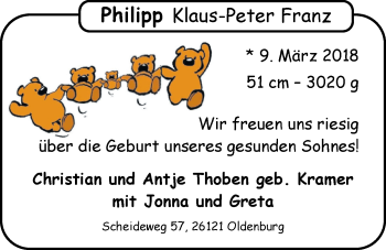Babyanzeige von Philip Klaus-Peter Franz Thoben von Nordwest-Zeitung