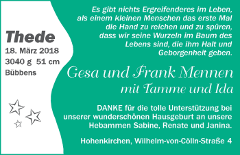 Babyanzeige von Thede Mennen von Nordwest-Zeitung