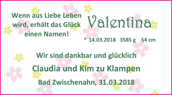 Babyanzeige von Valentina zu Klampen von Nordwest-Zeitung