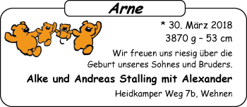 Babyanzeige von Arne  von Nordwest-Zeitung