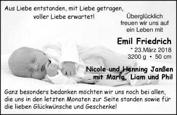 Babyanzeige von Emil Friedrich JanÃ?en von Nordwest-Zeitung