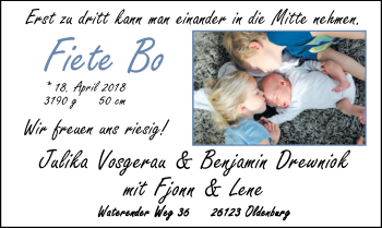 Babyanzeige von Fiete Vosgerau von Nordwest-Zeitung