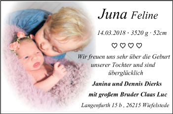 Babyanzeige von Juna Feline von Nordwest-Zeitung