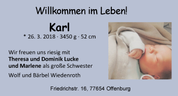 Babyanzeige von Karl Lucke von Nordwest-Zeitung