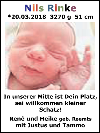 Babyanzeige von Nils Rinke von Nordwest-Zeitung