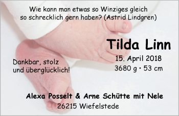 Babyanzeige von Tilda Linn  von Nordwest-Zeitung