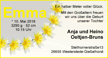 Babyanzeige von Emma Oeltjen-Bruns von Nordwest-Zeitung