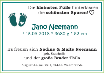 Babyanzeige von Jano Neemann von Nordwest-Zeitung