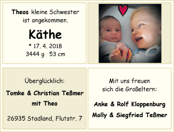 Babyanzeige von Käthe Teß?mer von Nordwest-Zeitung
