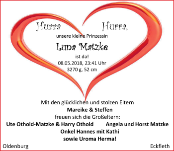 Babyanzeige von Luna Matzke von Nordwest-Zeitung