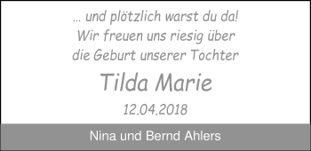 Babyanzeige von Tilda Marie Ahlers von Nordwest-Zeitung