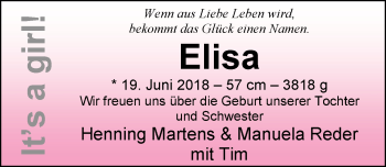 Babyanzeige von Elisa Martens von Nordwest-Zeitung