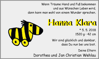 Babyanzeige von Hanna Klara Wehlau von Nordwest-Zeitung