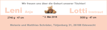 Babyanzeige von Leni und Lotti SchrÃ¶der von Nordwest-Zeitung