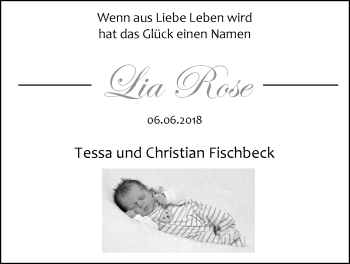 Babyanzeige von Lia Rose Fischbeck von Nordwest-Zeitung