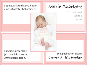 Babyanzeige von Marie Charlotte Hanken von Nordwest-Zeitung