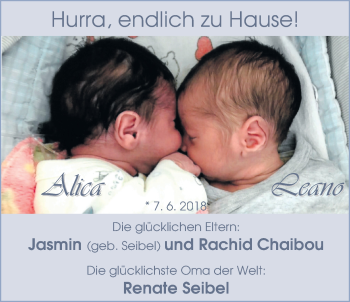 Babyanzeige von Alica und Leano Chaibou von Nordwest-Zeitung