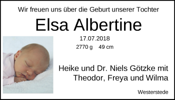 Babyanzeige von Elsa Albertine GÃ¶tzke von Nordwest-Zeitung